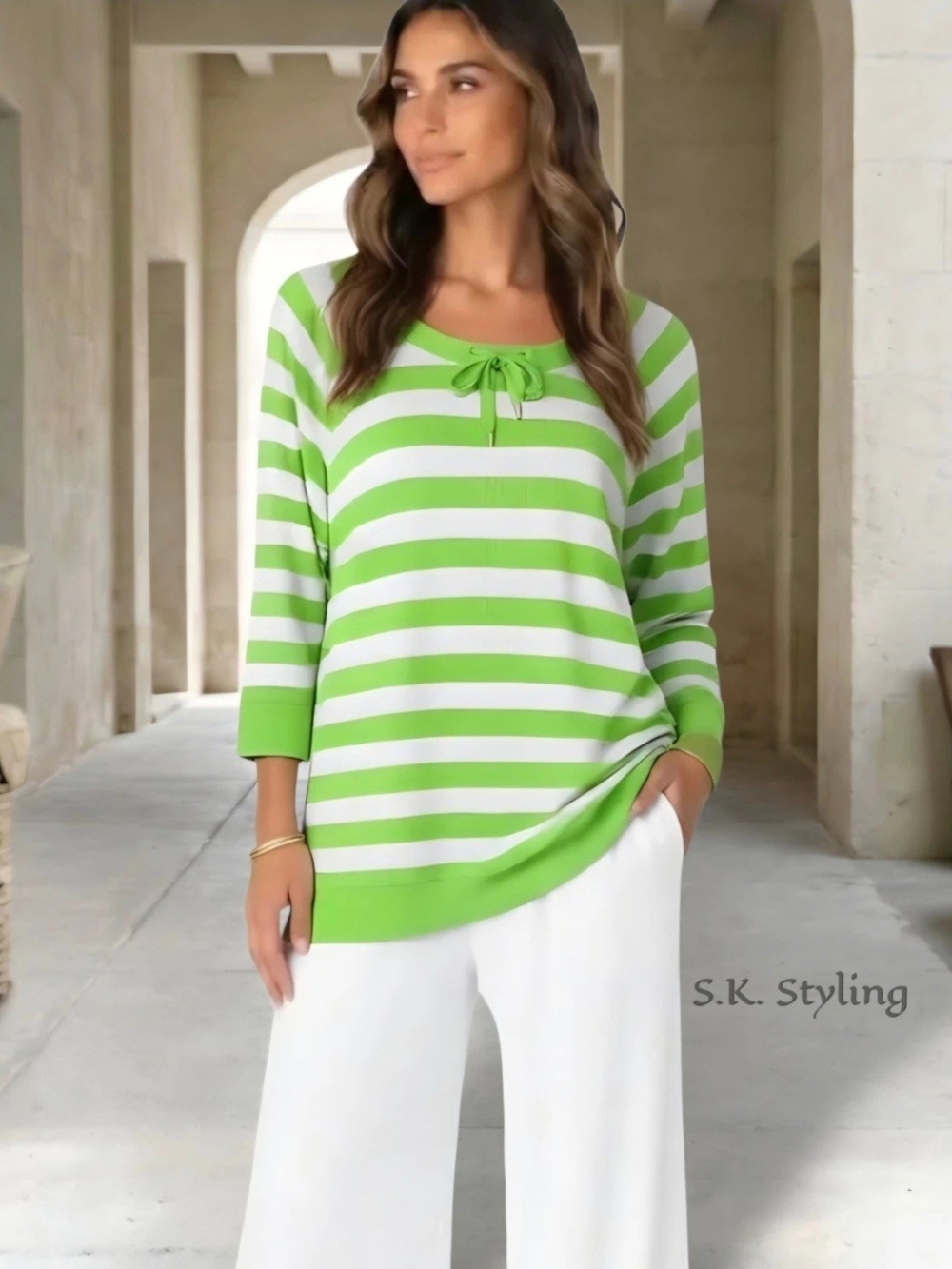 Ralph Lauren Active Green Stripe Waffled Knit Top Tie Drawstring Neck size 2X/3X